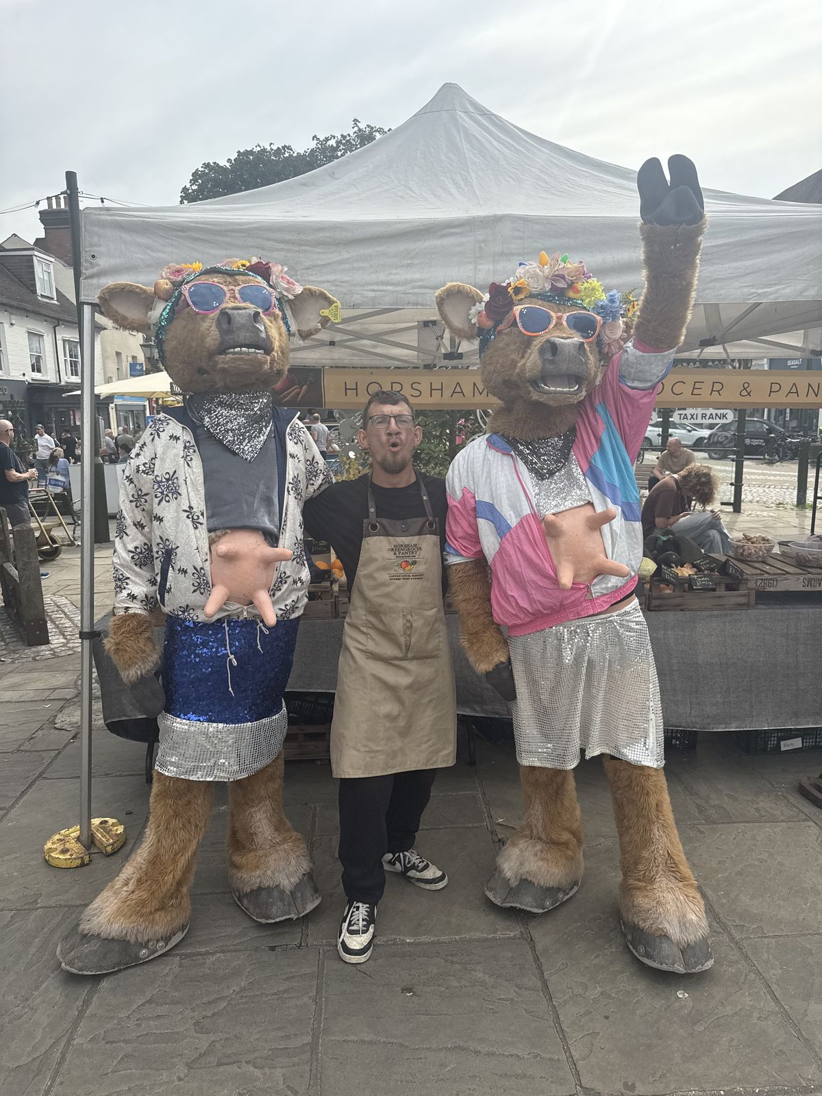 Two giant cows in sunglasses and sequins beside the greengrocer